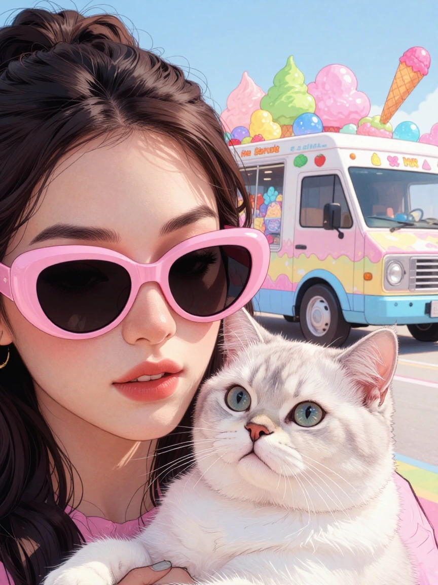 Close-up portrait of a woman wearing pink sunglasses with a cat beside her, both filling the foreground with strong presence and playful charm. The woman is sharply framed from the shoulders up, stylish and sunlit, while the cat is close to her, expr