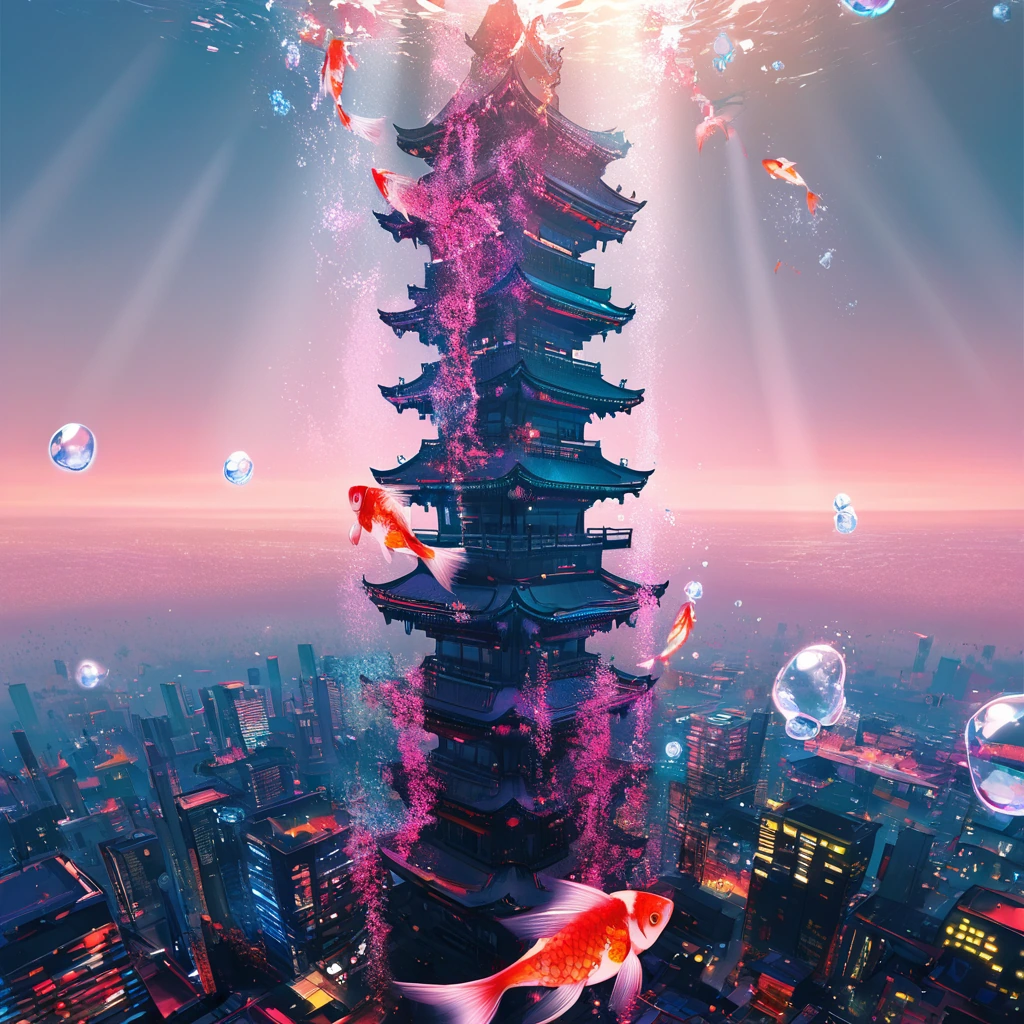 A breathtaking digital masterpiece depicting a surreal underwater cityscape, vertical composition. The scene is filled with floating, translucent bubb
