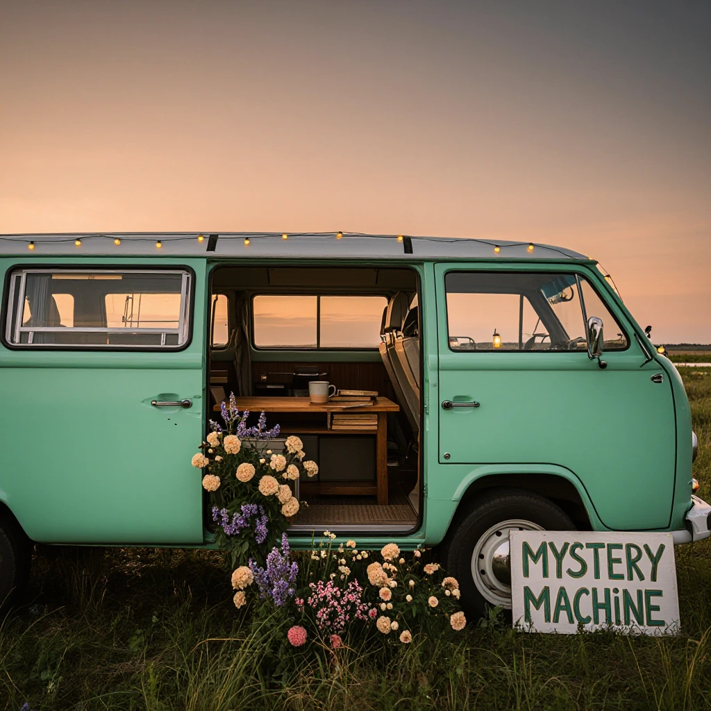 prompt, Dreamy Aesthetic. A vintage camper van in faded mint green is parked in a meadow of wildflowers at golden hour. Its door is open, revealing a stack of worn books and a ceramic mug on a wooden table inside. Wildflowers in shades of lavender, c