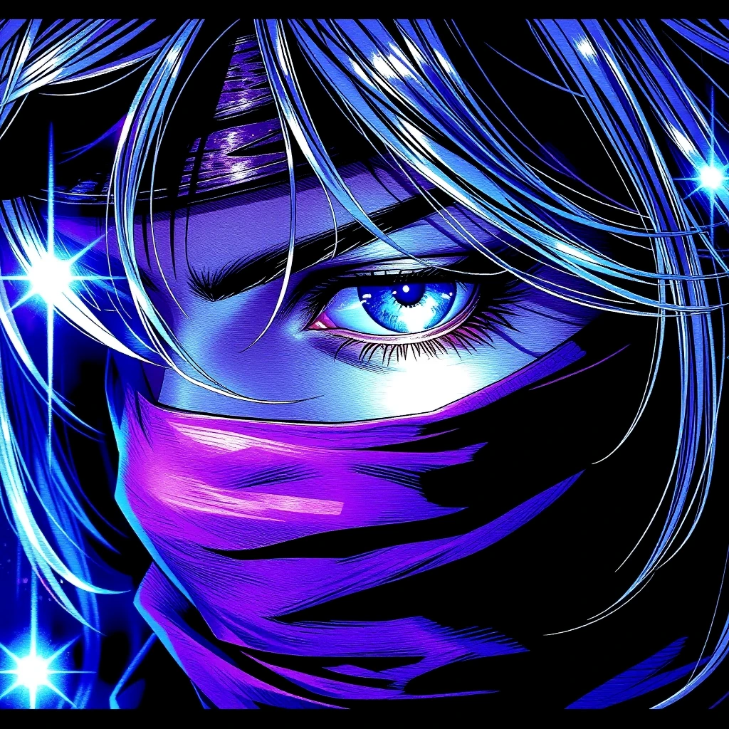 neon_horror_noir_style, A striking **retro-anime close-up** that radiates mystique and cosmic power. The composition focuses on a single eye glowing with a brilliant, icy blue light — crystalline and infinite, like a captured star. The surrounding de
