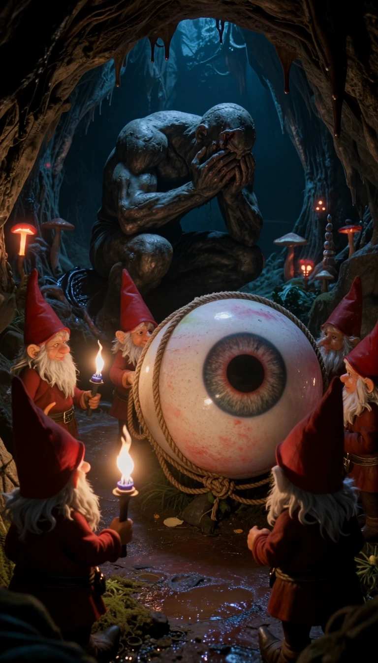 Digital fantasy illustration of a group of garden gnomes with red pointed hats and white beards, carrying a massive, realistic giant eyeball secured with ropes through a dark, bioluminescent cavern. The gnomes are holding torches and lanterns, castin