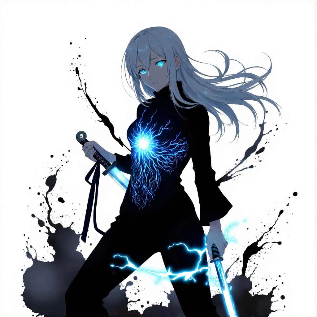 # Ethereal Warrior A striking anime figure dominates the composition, cloaked in darkness with luminous blue eyes blazing like electric orbs. Her long