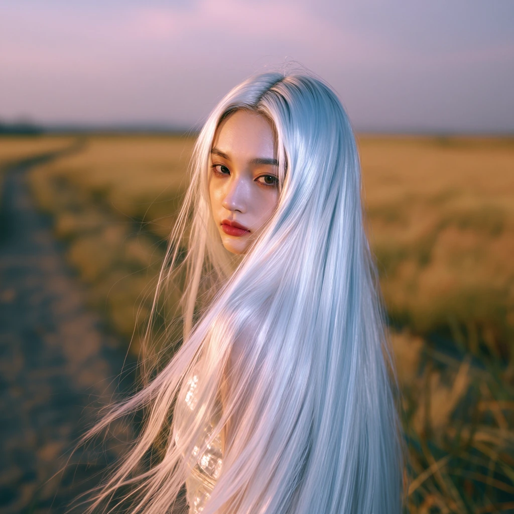 a woman with long moonstone hair catching soft silver light, pale iridescent sheen with subtle blue and lavender undertones, she's looking slightly away from camera with a calm expression, warm studio lighting on her face, soft focus background, 35mm