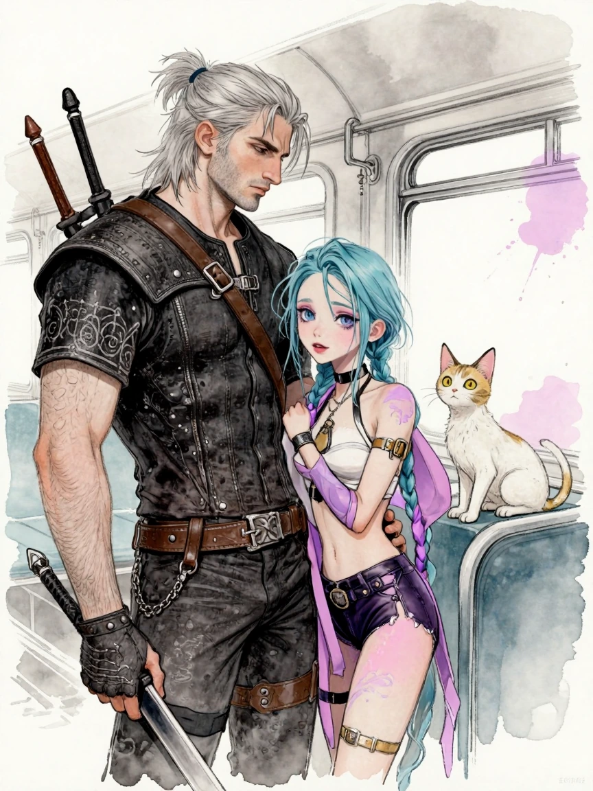 Ink and wash art style. The Witcher and jinx on a train with their cat. Add a splash of pastel colors.