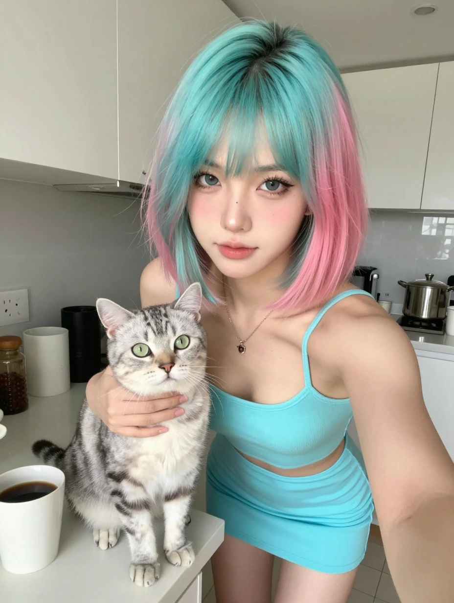 Crazy girlfriend selfie with her cat, aqua and pink bob hair, in the kitchen, coffee, flip, mini dress