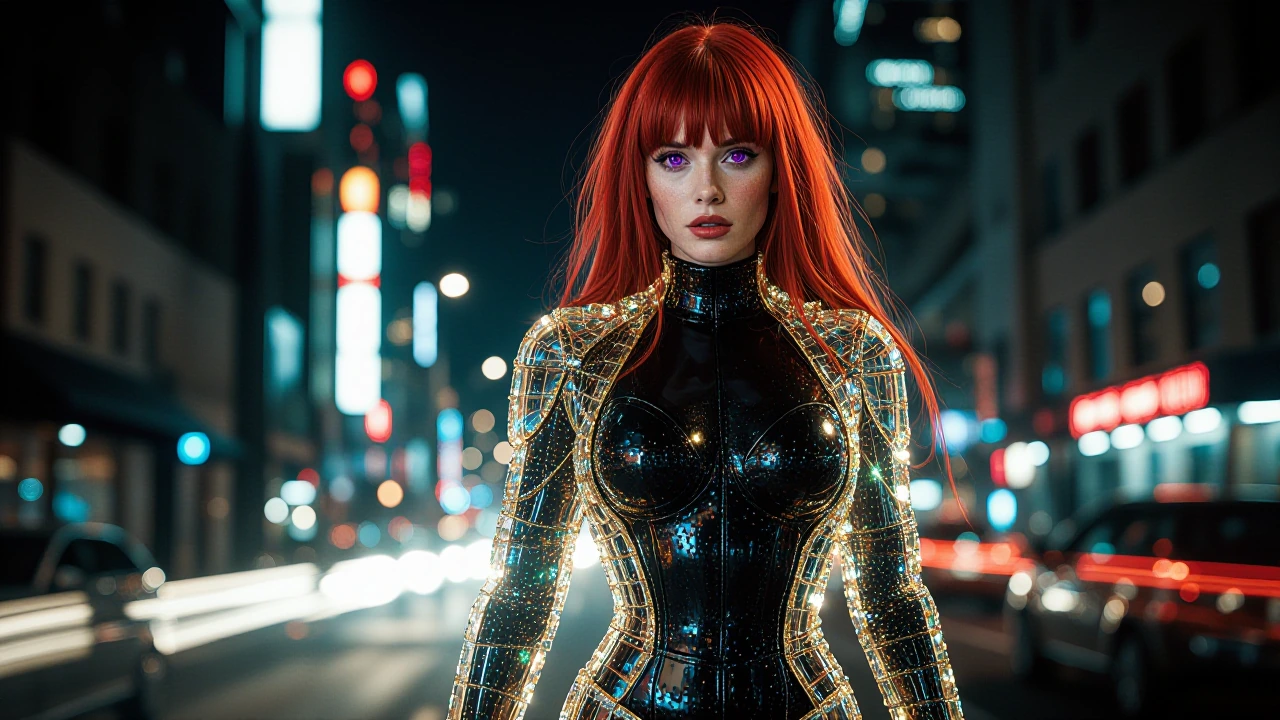 A vivid redheaded beautiful woman with violet eyes stands confidently on a bustling city street at night, wearing a striking glossy onyx black and shi