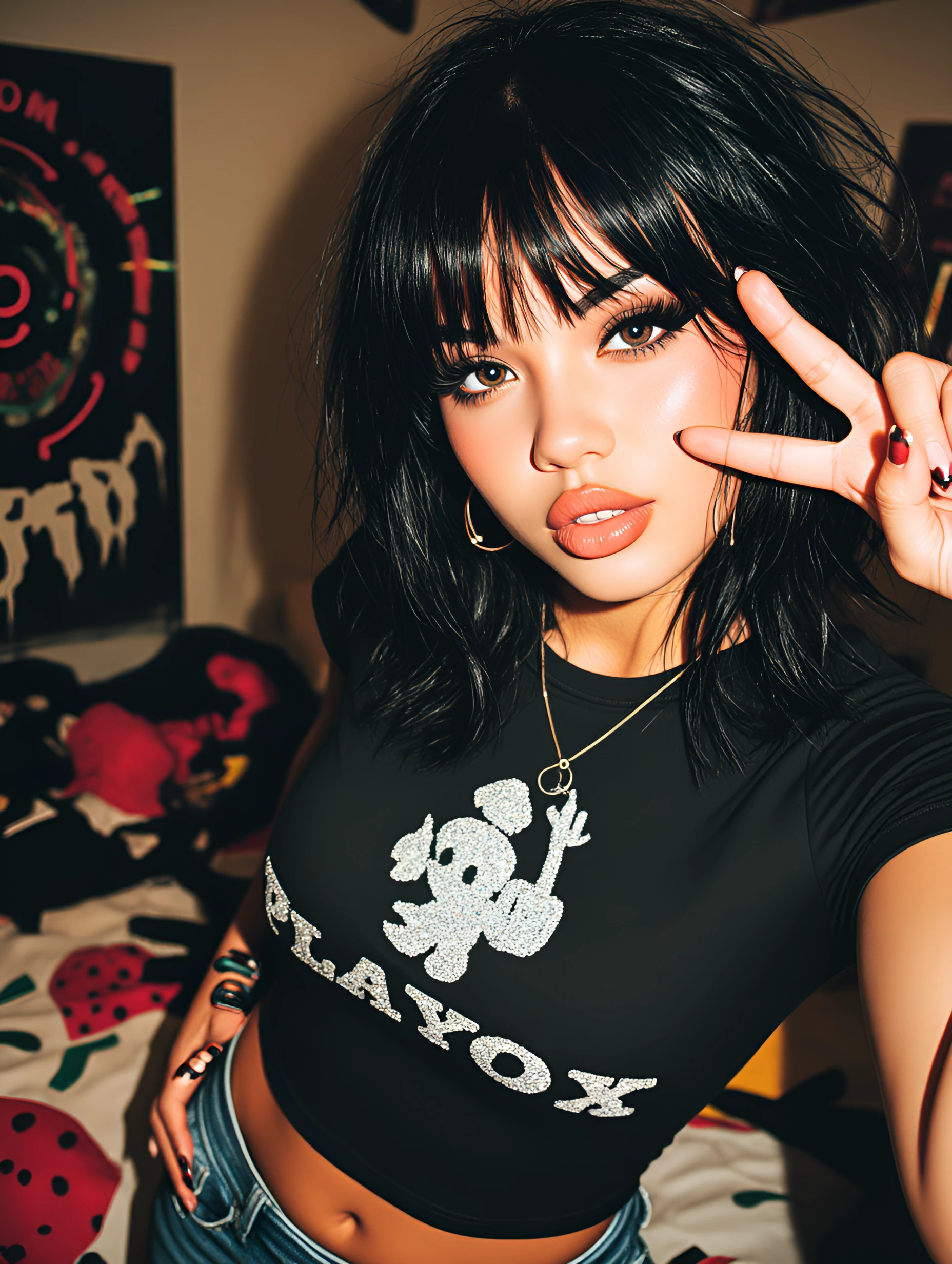 cute e-girl with black voluminous hair taking a mirror selfie in a dim bedroom, making a peace sign near her cheek, wearing a tight black crop top with a glittery Playboy logo, heavy eyeliner and false lashes, soft pout expression, early 2000s emo-in