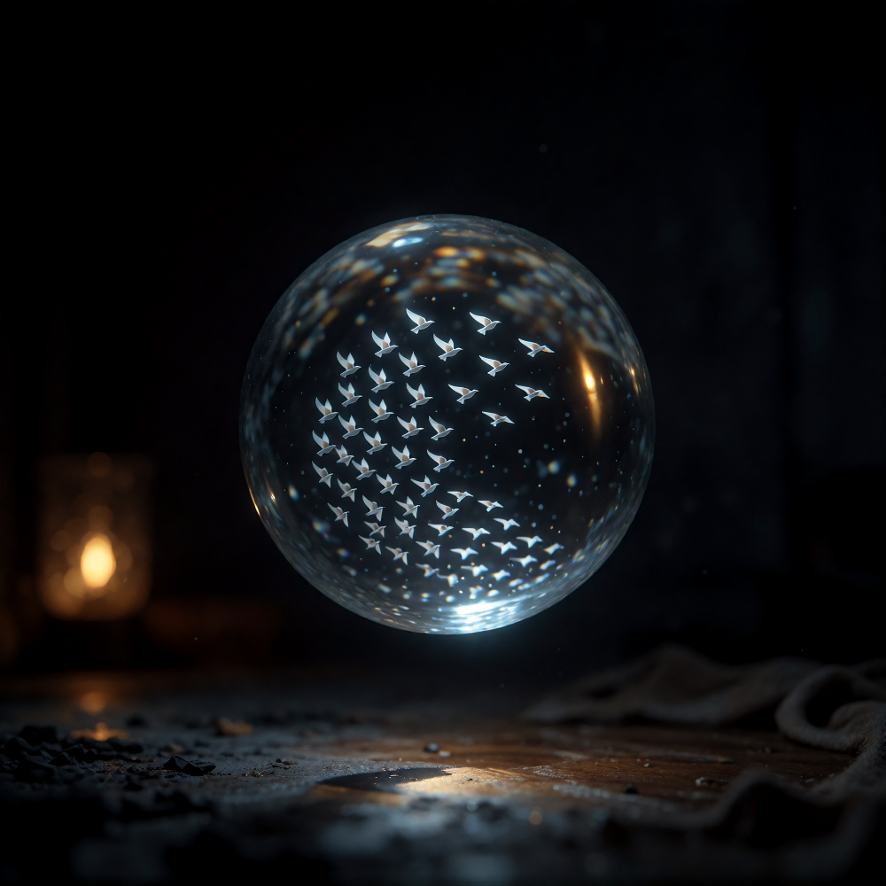 A small dark room with a single floating glass sphere in the center. Inside the sphere, a tiny murmuration of starlings made of soft blue-white light,