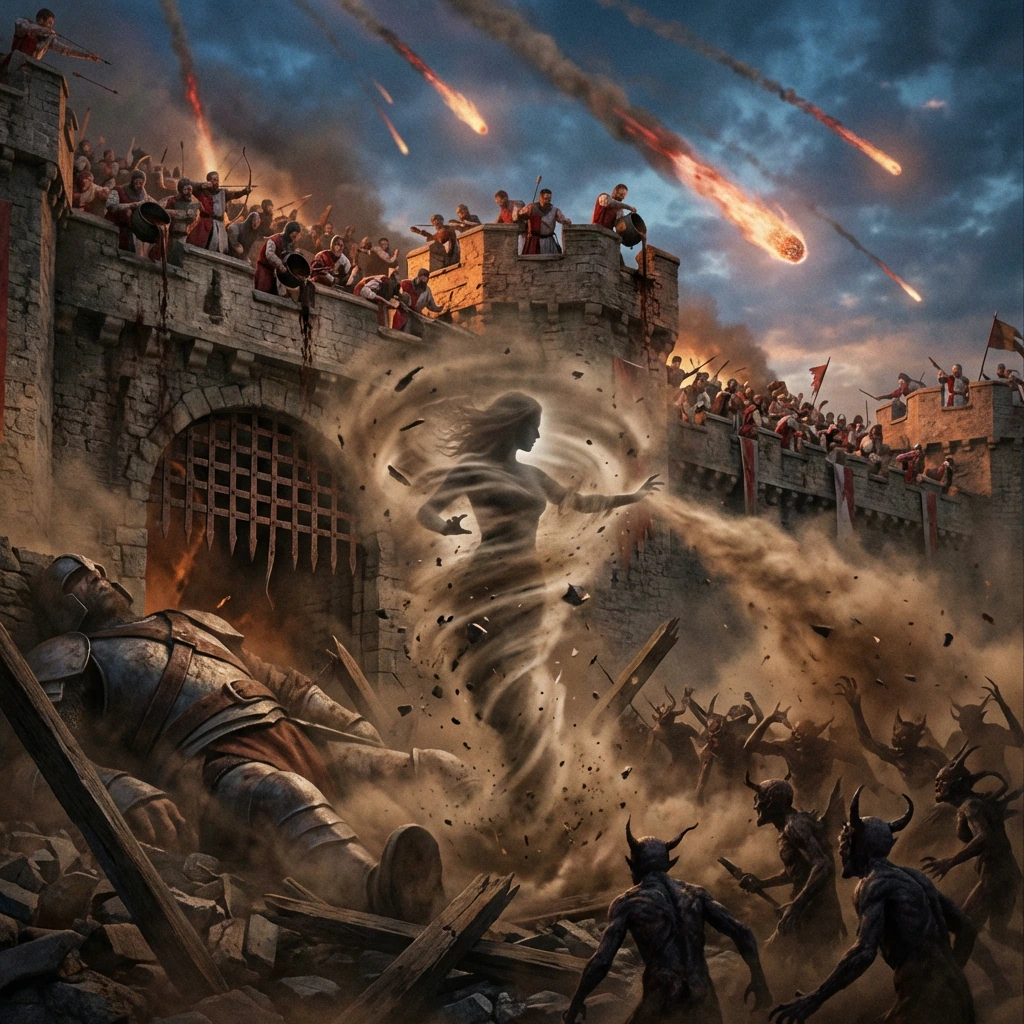 Lithe woman made from a tornado, realistic. Standing amidst the broken wood of a breached gateway to a besieged Mighty castle. The portcullis lies twisted and broken beside the body of a dead giant. The tornado woman is holding back a horde of Demons