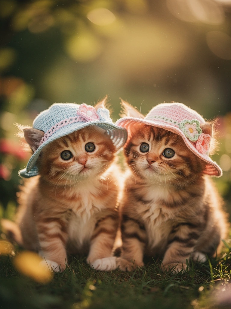 Cutest kittens wearing crocheted sun hats.