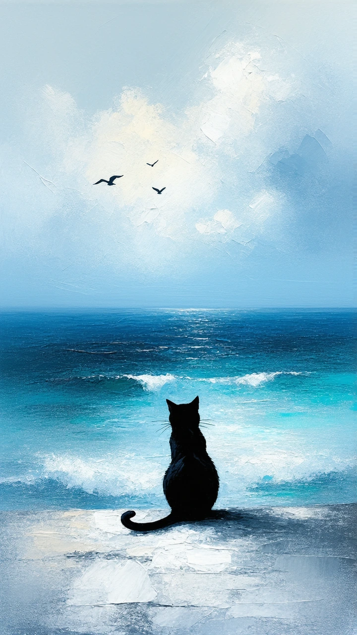 Vibrant textured impressionistic seaside painting, foreground: a black cat sitting on a sandy or weathered stone shoreline, seen from behind in a calm