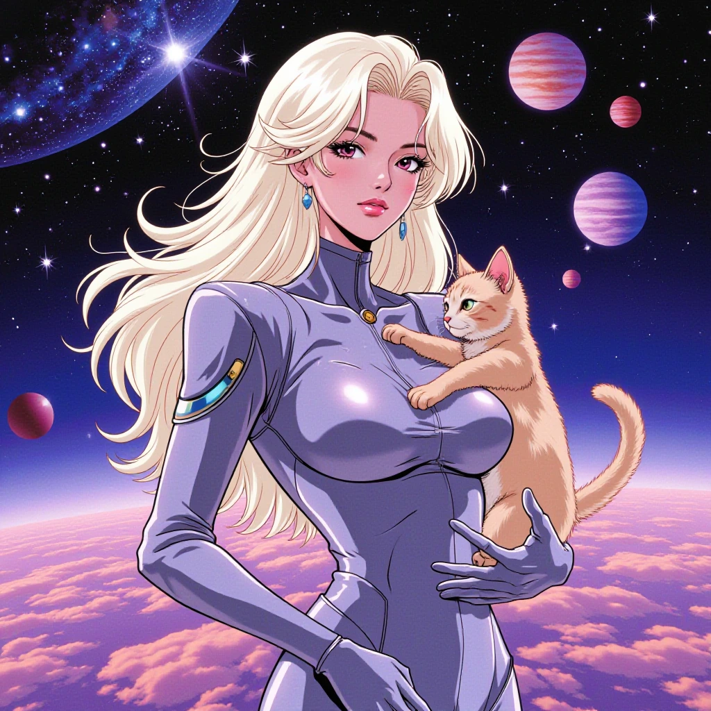 Beautiful woman, long platinum luminous hair, pink lips, in a sleek, futuristic jumpsuit, with a cat, galaxy and stars, gold specks, iridescent, sparkles, otherworldly background, lights, planets, and stars, realistic