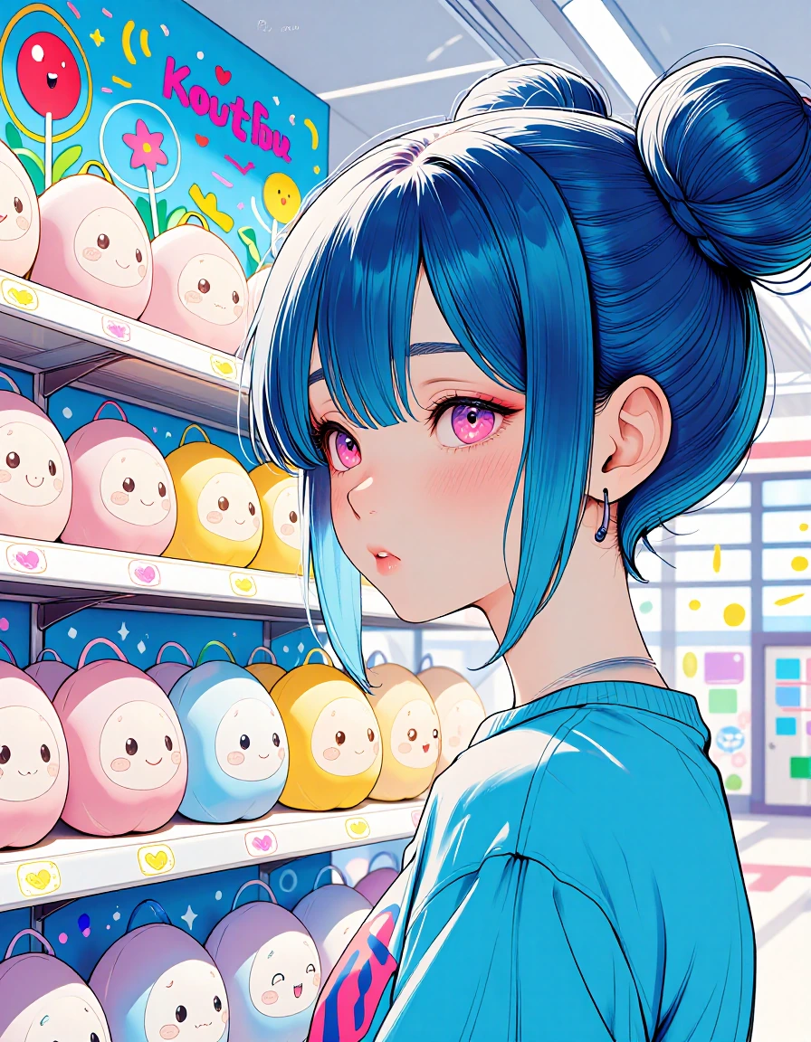 Closeup Beautiful anime girl at a kawaii squishie mall, space buns, graffiti and paintings, soft pastels