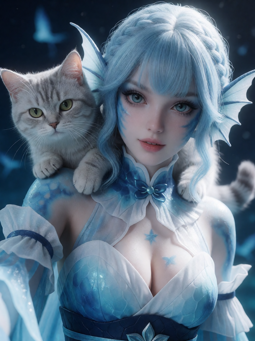 beautiful fish woman cosplay, cat on shoulder, light blue and white, daz3d, exotic realism, close-up intensity, high energy