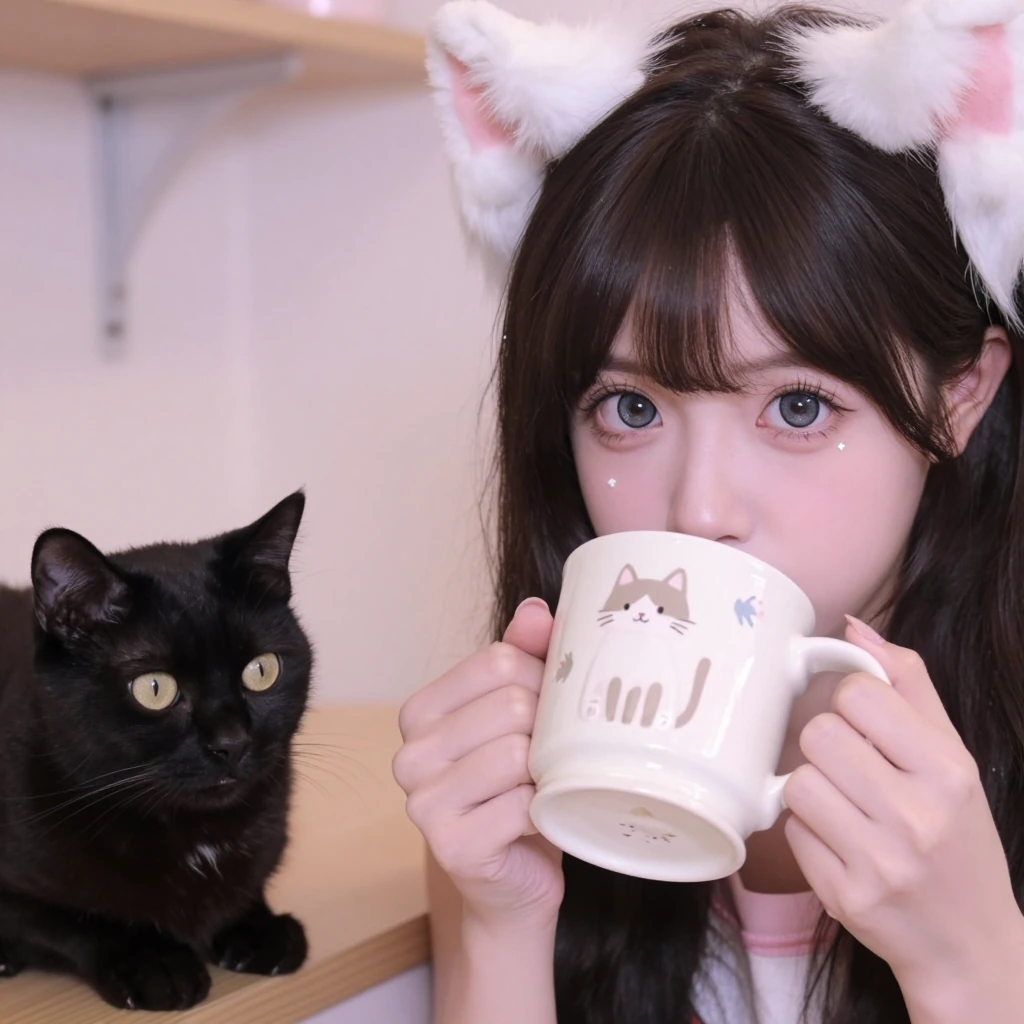 Close-up of a sweet-faced woman with big sparkling eyes and cat-ear accessories drinking from an oversized ceramic mug decorated with cat illustrations, while a sleek black cat with luminous eyes peers over the cafΓ© counter beside her, pastel color g