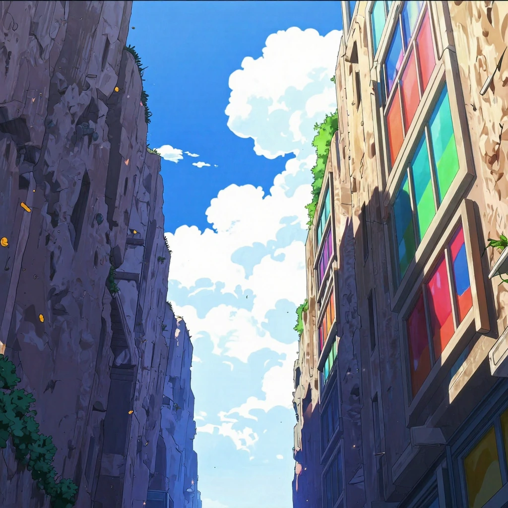 Awesome clouded sky, matte pastels only anime cliffside between two massive towering building structures with wild flowers and windows colored like rainbow oil water