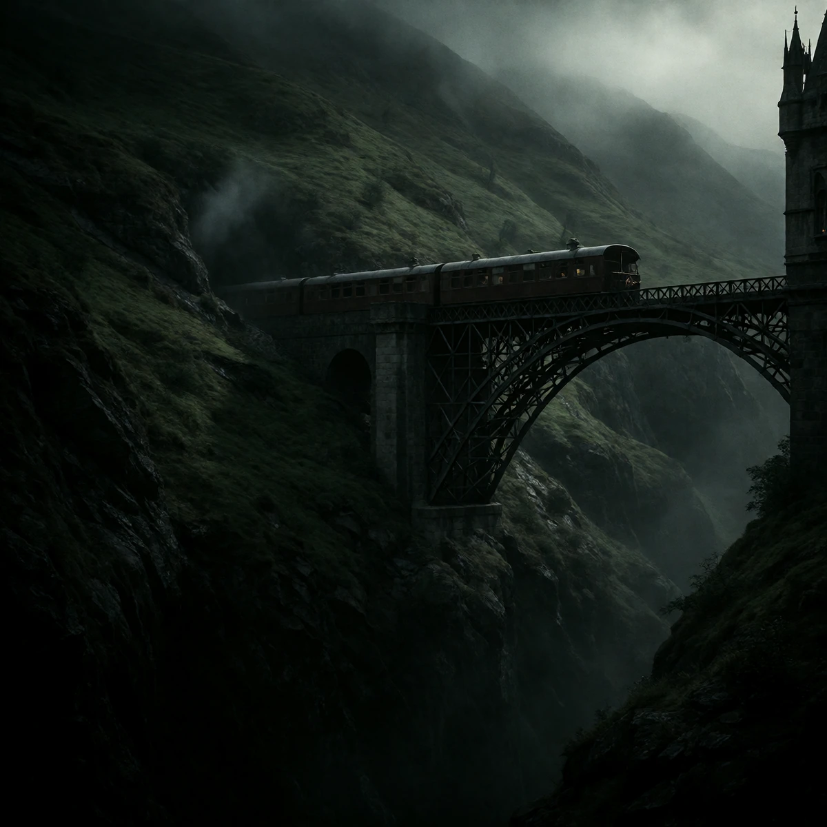a train bridge over a lush green hillside, scottish highlands, scotland, still from harry potter movies, harry potter series setting, still from harry potter, abandoned railroads, hogwarts setting, doug wheeler, misty mountains, film still from harry
