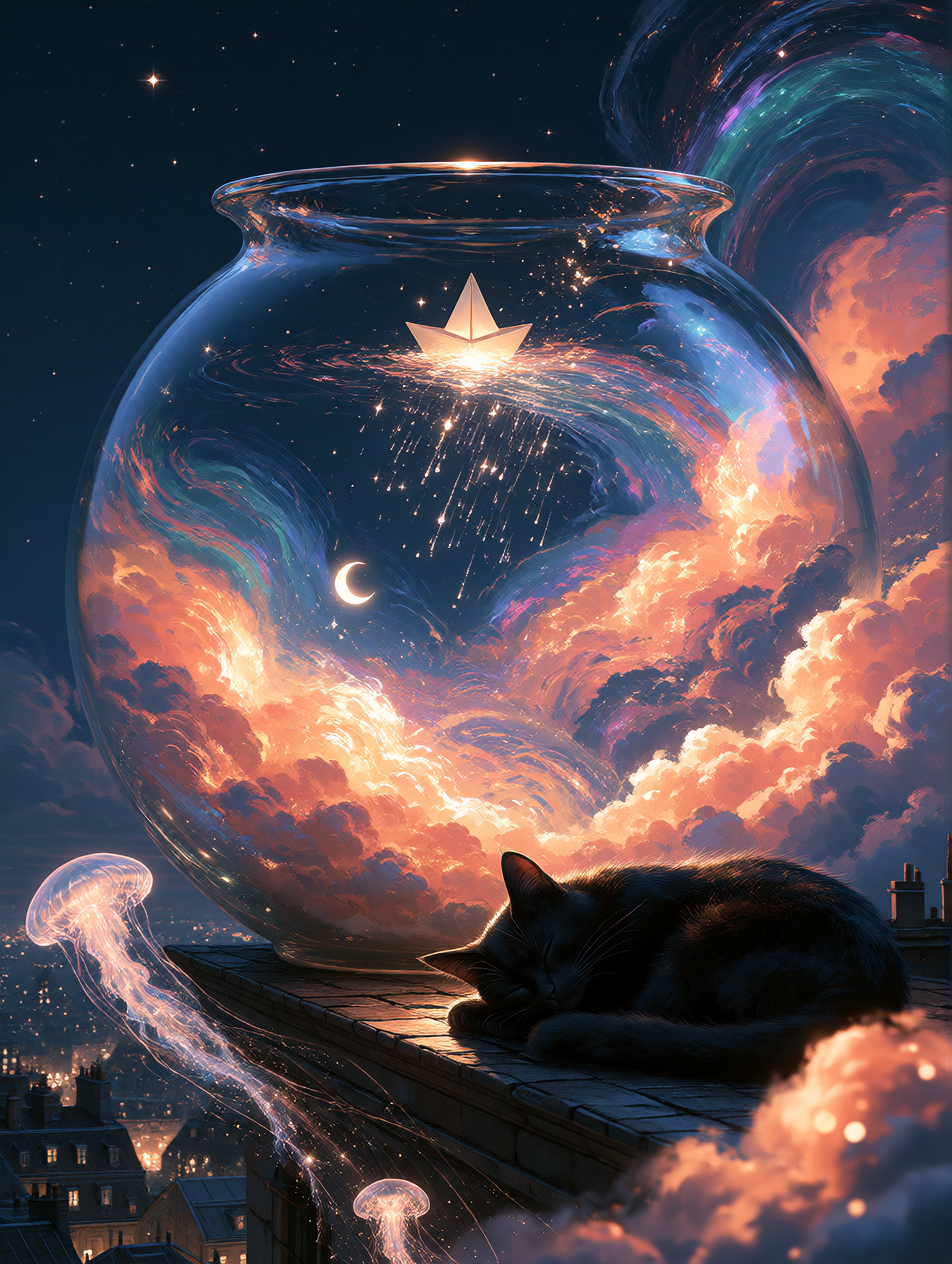 Surreal nighttime scene: a giant round glass fishbowl aquarium sitting alone on a moonlit rooftop above a sleeping city, filled with swirling luminous clouds in deep indigo, teal, magenta and molten gold, a tiny glowing crescent moon and scattered st