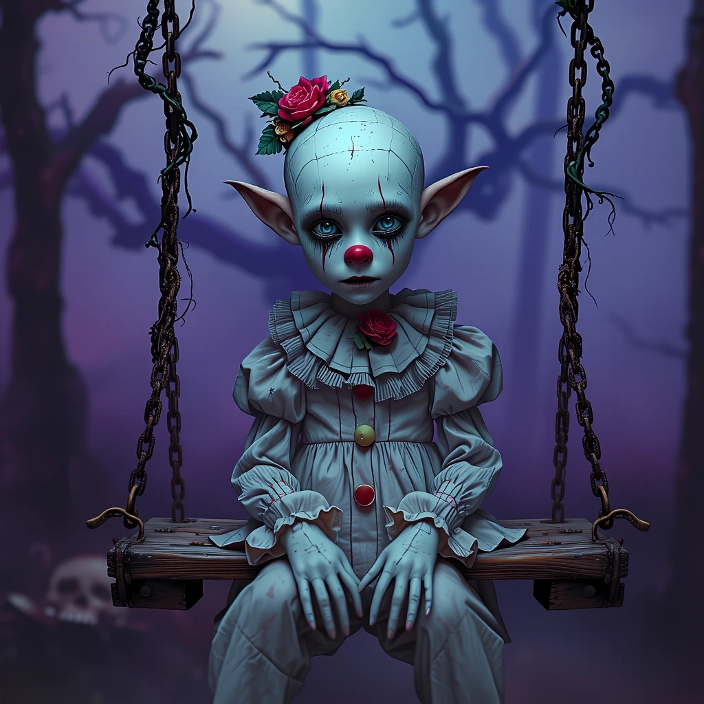 A haunting portrait in the whimsical yet unsettling style of Nicoletta Ceccoli and Molly Harrison, a pale, gaunt girl clown with porcelain skin and grotesque exaggerated features, oversized sad eyes rimmed in smudged black makeup, sinister red nose,