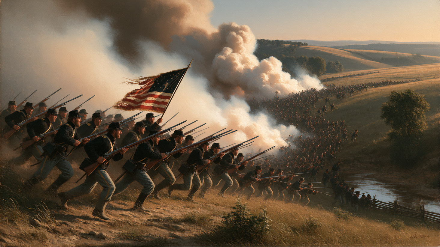 The 1st Minnesota Volunteer Infantry charging downhill at Gettysburg, July 2, 1863, late afternoon. A thin line of Union soldiers in dark blue frock coats and kepis, bayonets fixed on long rifled muskets, running down a grassy slope toward the dry cr