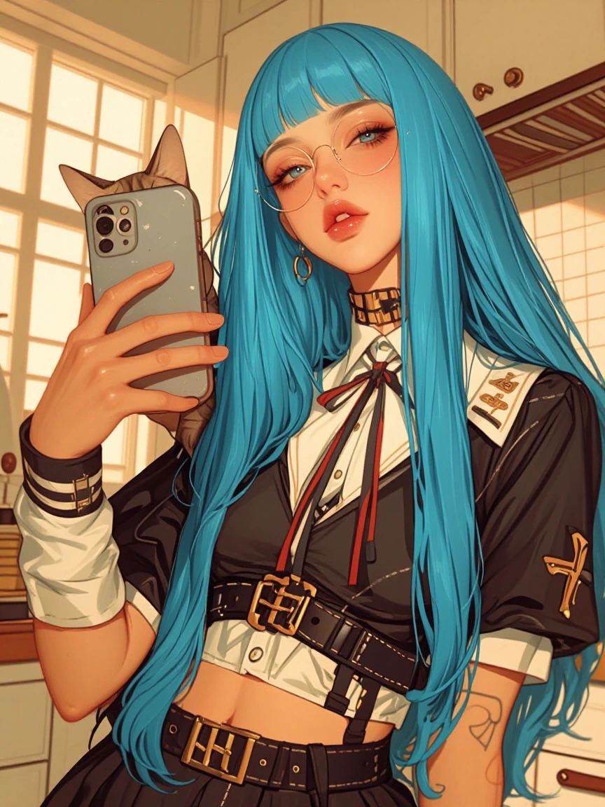 Crazy girlfriend, taking a selfie with her cat in a sunny kitchen. Very colorful. Long powder blue hair