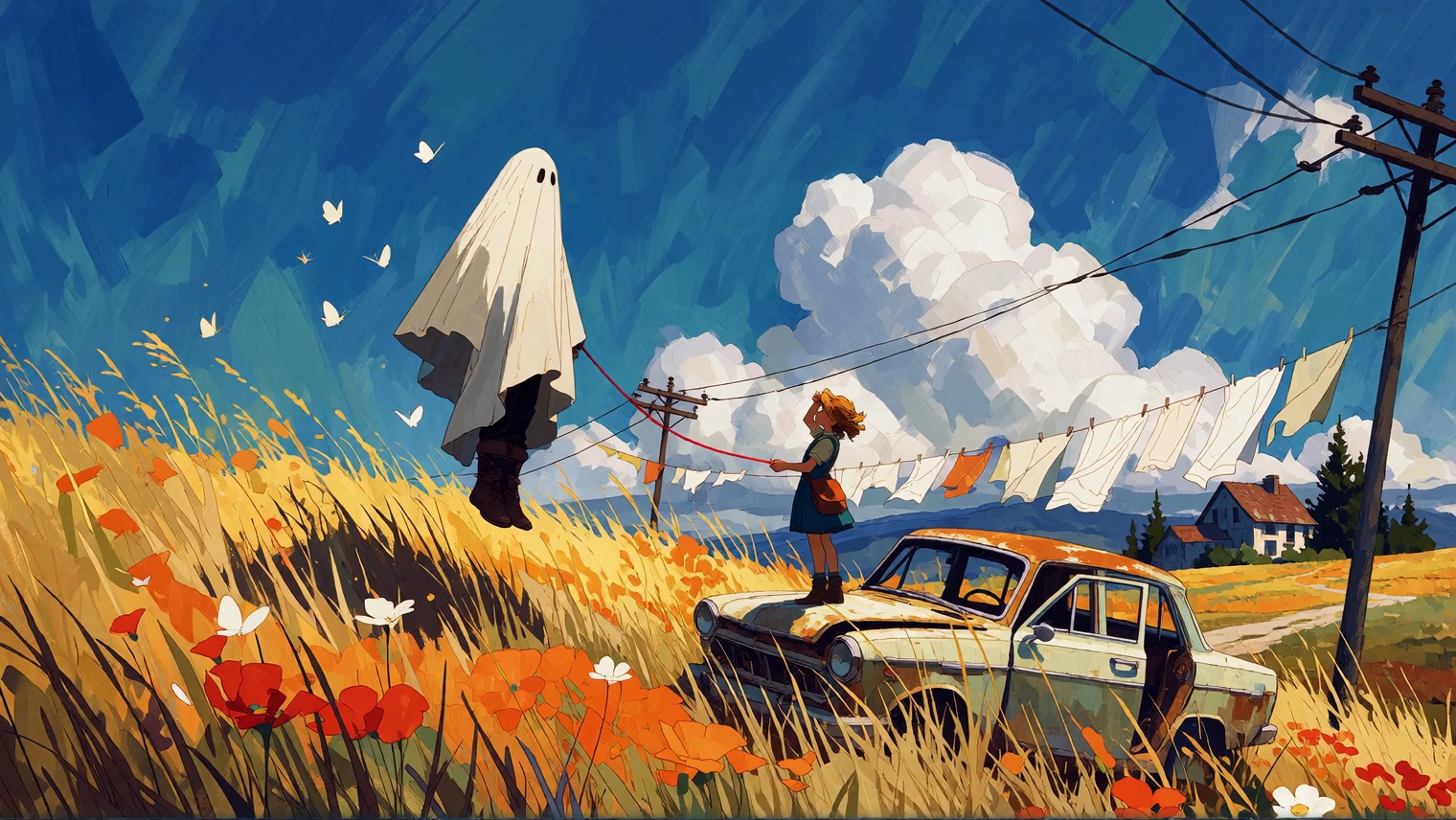 A dreamy painterly illustration keyframe, authentic to the reference style 1:1: loose expressive gouache brushwork, visible sketchy strokes, flat vivi