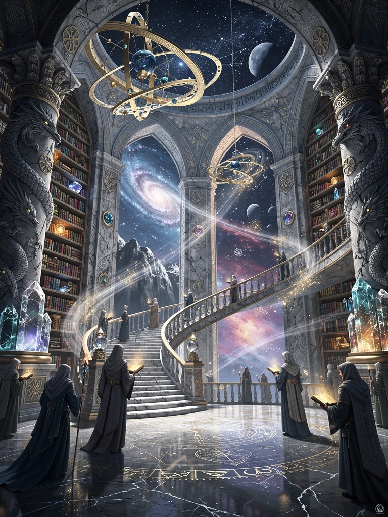 A breathtaking ancient fantasy library carved into the heart of a colossal mountain beneath an endless night sky. Towering marble bookshelves spiral upward into infinity, filled with glowing enchanted tomes and crystalline scrolls. Massive celestial