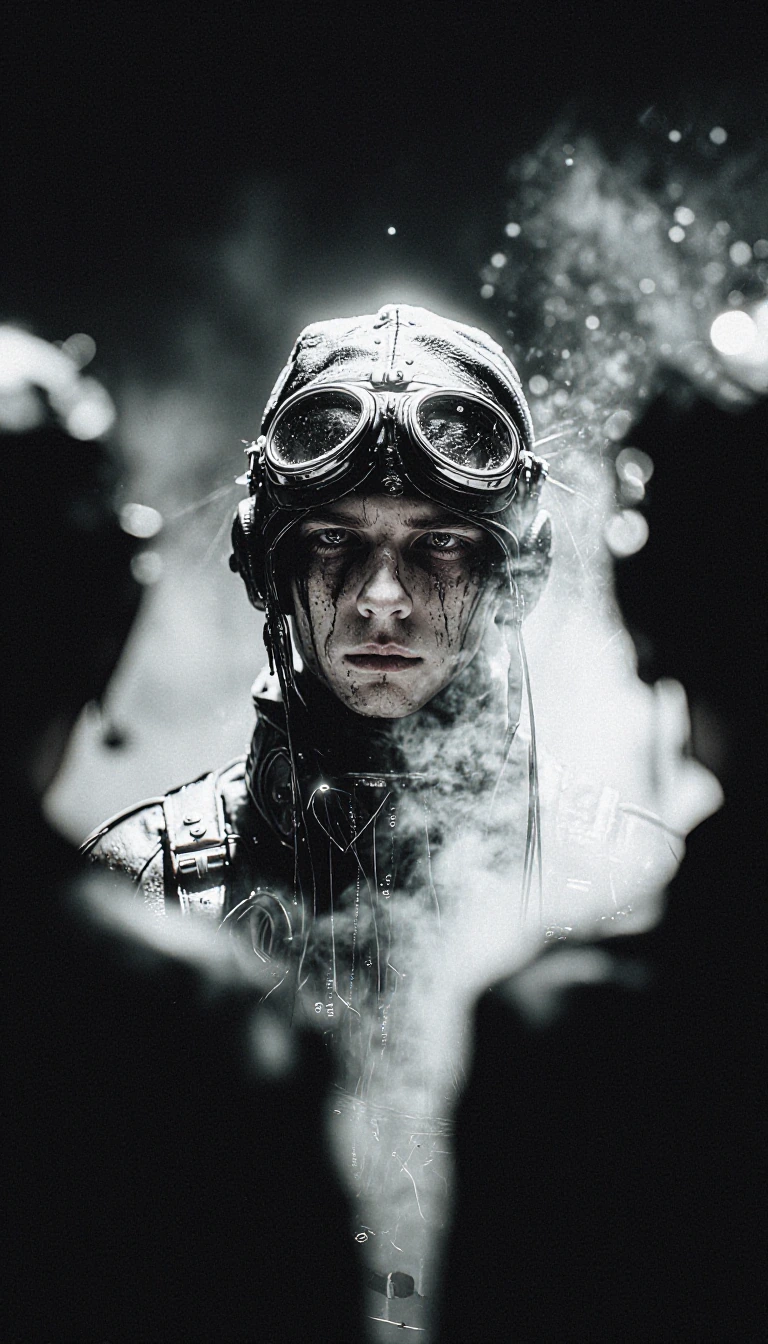 A gritty, cinematic black and white photograph in a brutalist, industrial setting. The focus is a close-up of a young man with intense, haunting eyes, wearing a weathered leather aviator cap, vintage protective goggles perched on his forehead, and da