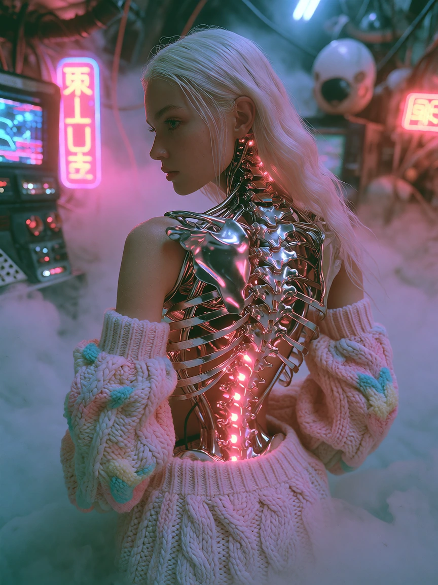Beautiful woman with a glowing metallic spine. Pastel comfortcore fantasy style. Fog and neon. Sci-fi scene.
