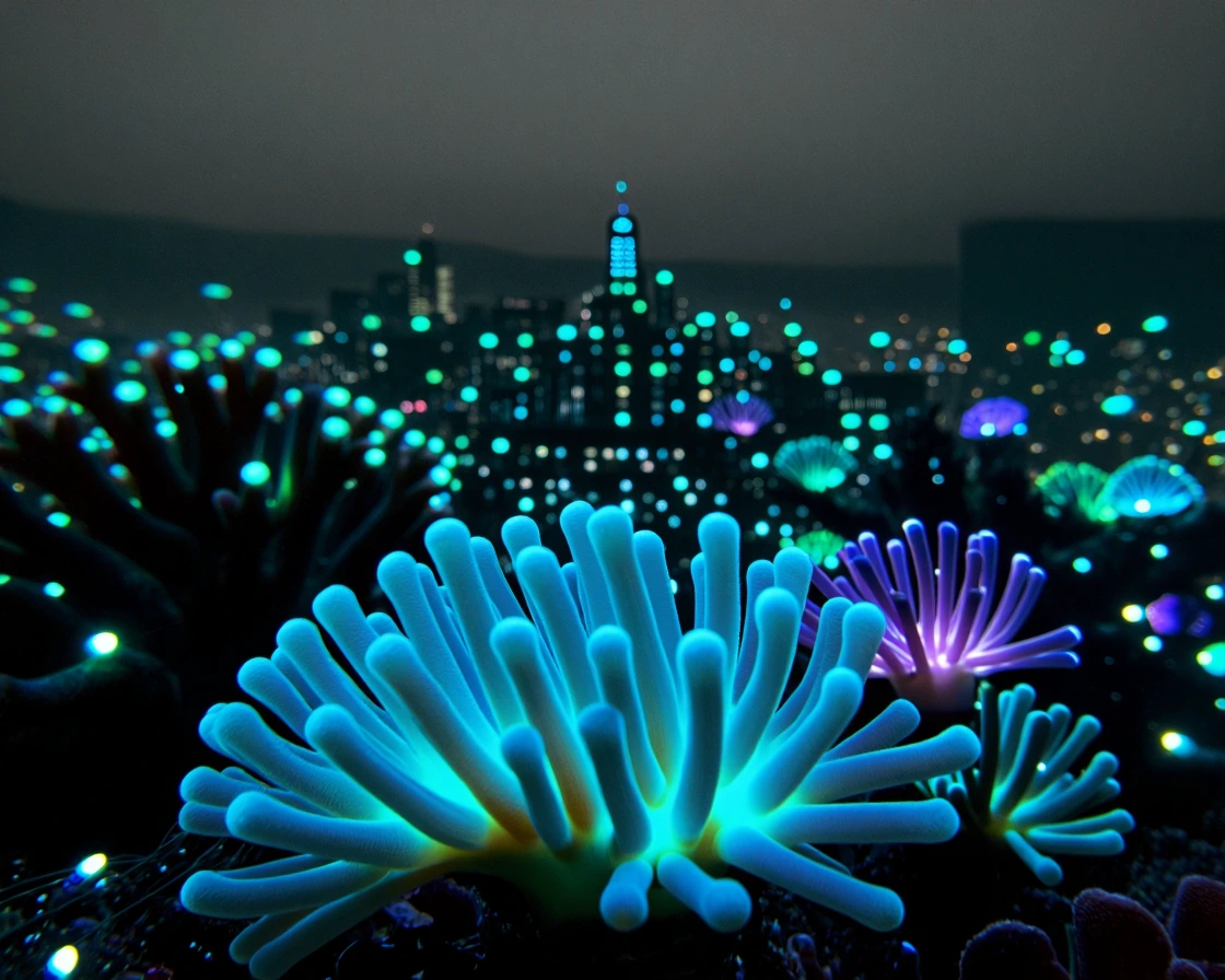 Macro close-up of city scape made of bioluminescent coral polyps in extreme detail — individual tentacles glowing neon blue and electric cyan, their tips emitting visible light trails. Pull back to reveal a sprawling coral city built vertically acros
