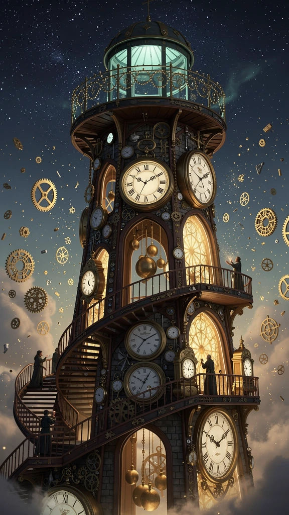 A magnificent enchanted tower built entirely from hundreds of borrowed clocks collected from forgotten lives and distant centuries. Enormous antique g