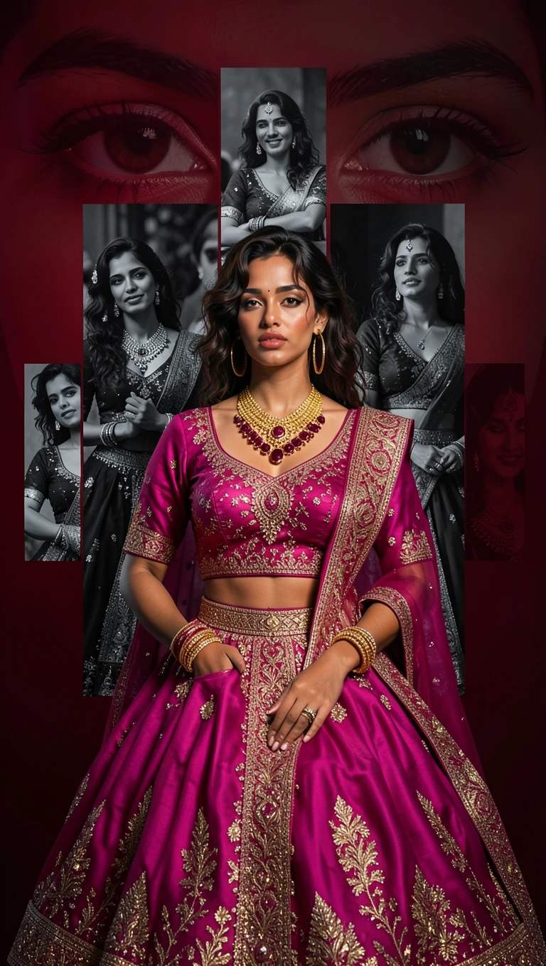 "Zariya Sol" A cinematic multi-layered collage of a beautiful South Indian woman. The central figure is in high-definition color, wearing a vibrant magenta silk lehenga with intricate gold embroidery and a heavy ruby and gold traditional necklace. Be