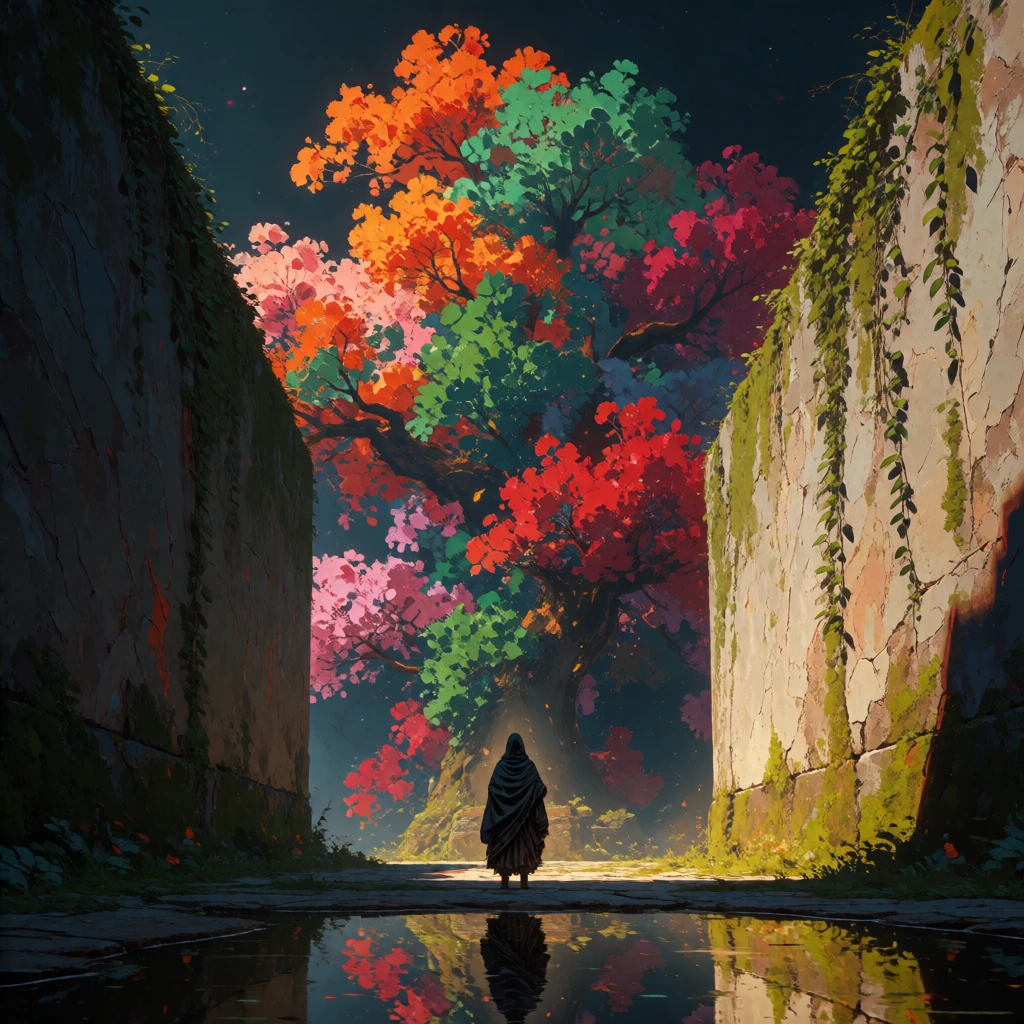 A lone, small-scale figure in a dark hooded cloak stands centered in a cavernous, stylized courtyard, rendered in a vibrant and textured digital painting style. The figure is a dark silhouette, draped in heavy, coarse fabric with visible folds, facin