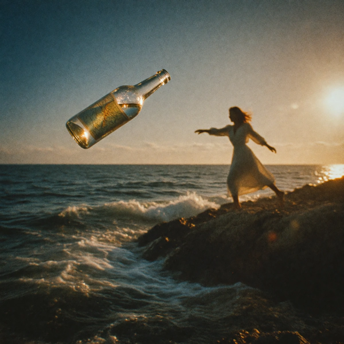 Woman in silhouette on a rocky deserted island at golden hour, mid-throw of a glass bottle containing a rolled map, captured at the peak moment of rel