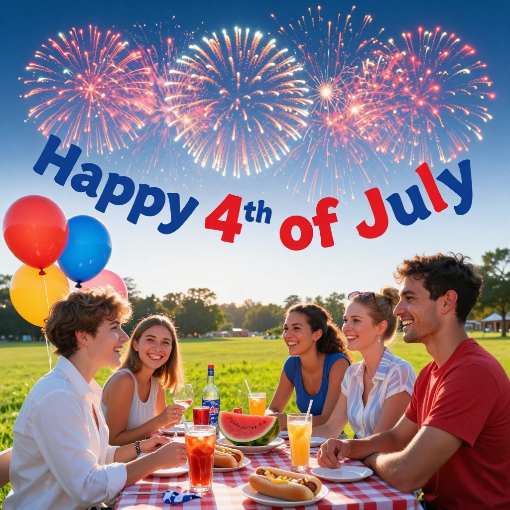 vibrant 4th of july celebration scene with young families and friends laughing around a picnic table laden with hot dogs, watermelon, and drinks, fire