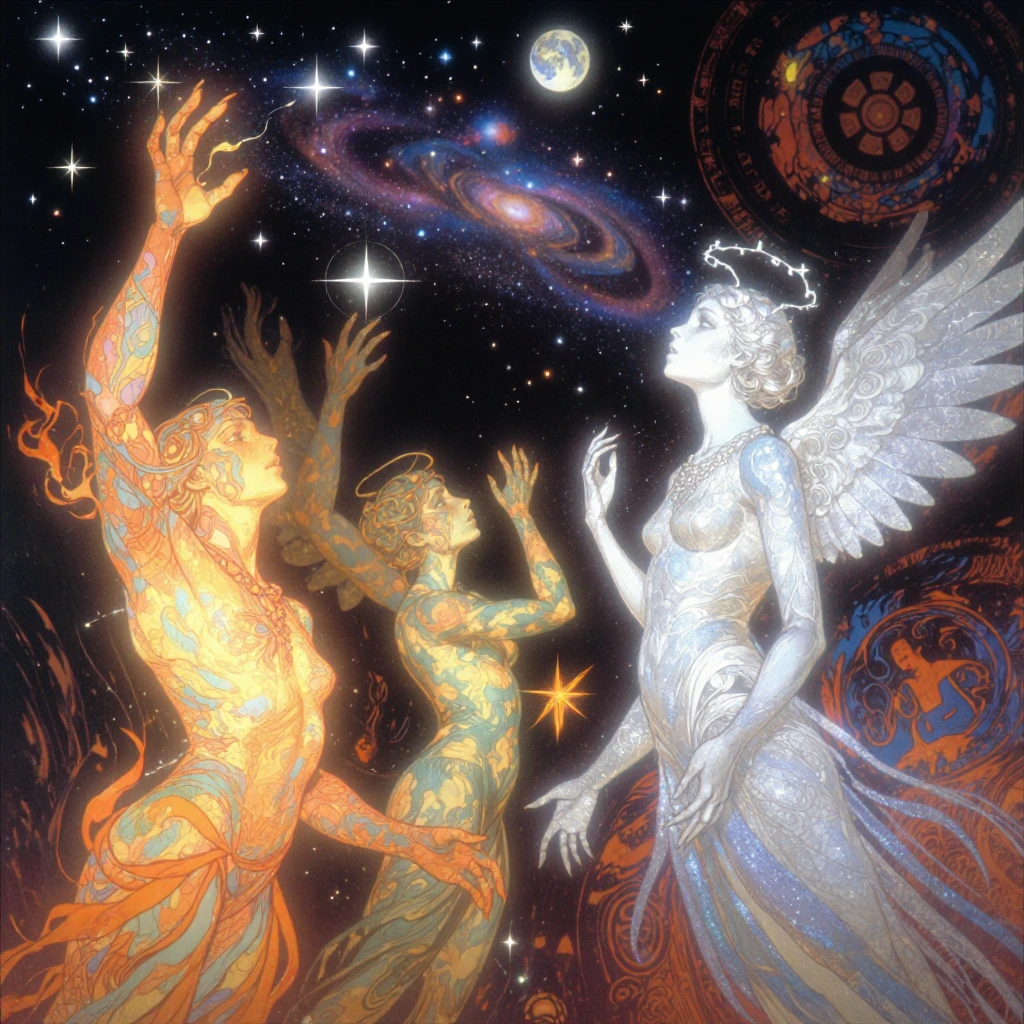 A visionary scene inspired by Ginsberg's "angel-headed hipsters burning for the ancient heavenly connection" — ethereal figures with luminous, angelic