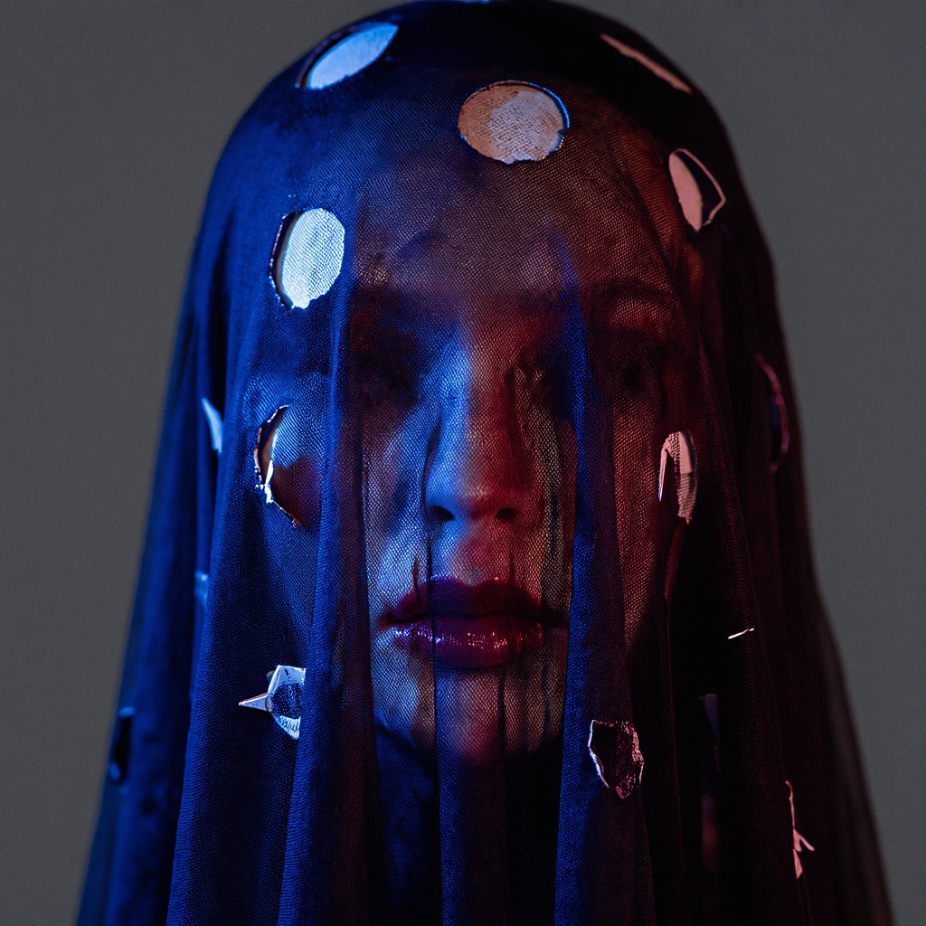 A frontal portrait with a dark mesh veil covering the face, but precise circular and angular holes are cut out, forming intentional negative space patterns. Through these openings, a vivid neon blue light hits her skin, while the rest of the face rem