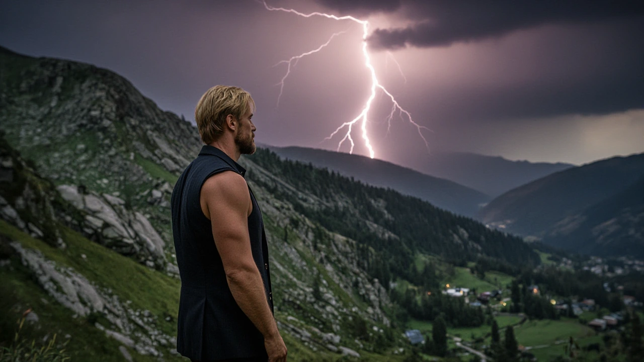 In the distance a sandstone mountain range is struck by 100 bolts of lightning scorching the mountains while a mysterious hyper-muscular blonde man wi