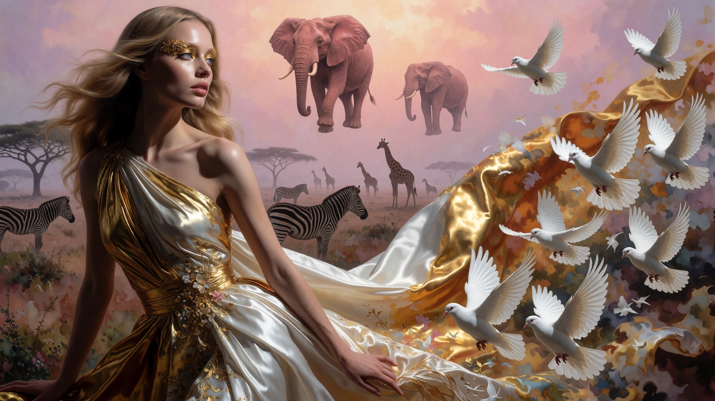 Surreal Dreamcore Style Image; Glamour model with long blonde hair and striking blue eyes in profile, wearing gold and white silk gown with billowing train that morphs midfabric into a flock of white doves midflight, their wings creating the fabric's