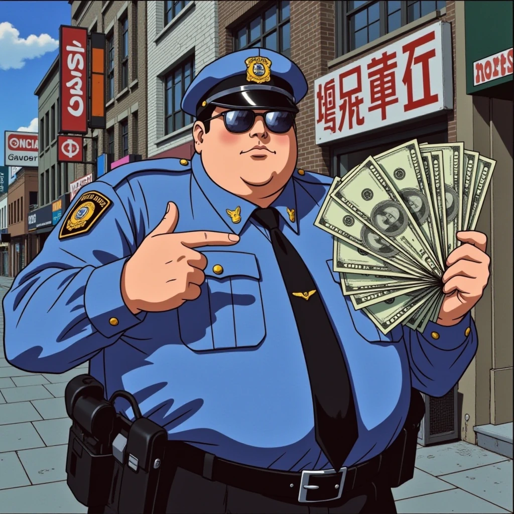 Morbidly obese uniformed police officer wearing mirrored sunglasses points to the huge stack of hundred dollar bills he is holding in his other hand. 