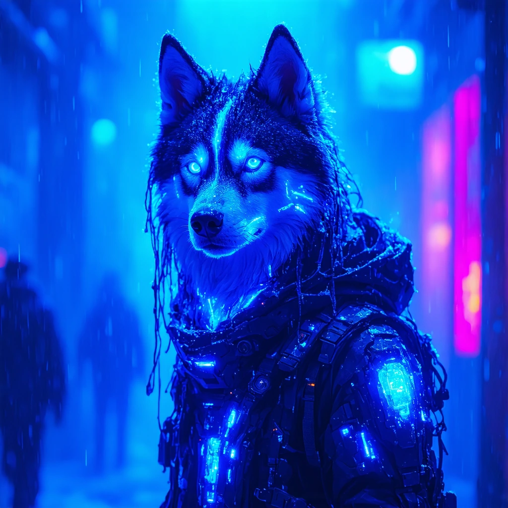 A striking cyberhusky with luminescent synthetic skin, chrome and obsidian mechanical features seamlessly integrated with organic tissue, piercing ele
