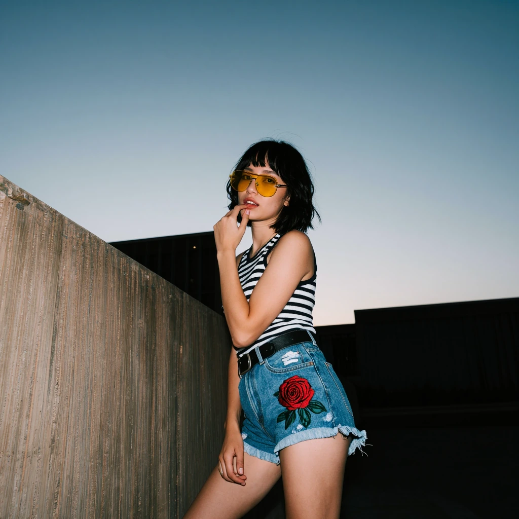 SUBJECT: A young woman with dark, short hair, wearing oversized yellow tinted sunglasses, a sleeveless striped top (black and white), distressed denim shorts with a prominent embroidered red rose on the thigh, and a black belt. She has her hand near