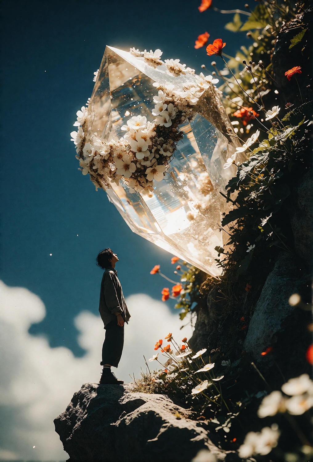 A solitary figure in dark, loose clothing stands silhouetted on a rugged, shadowed rock outcrop, gazing upward at a massive, translucent crystalline formation suspended against a deep cobalt sky. The crystal’s upper surface is densely covered with fi