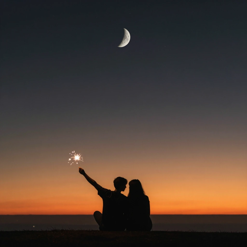 Silhouette of a couple sitting close on a hill, one holding a sparkler aloft—the only source of light in the frame, casting warm amber glow across their profiles and the immediate ground. Behind them, a vast night sky dominates: crescent moon sharp a