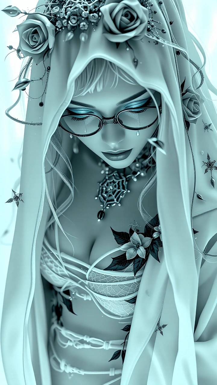 gothic horror fashion portrait, tragic ghost bride, mournful downward pose, flowing silver-white veil over tangled hair with wilted roses. pale grey/icy blue eyeshadow, teardrop liner, hollow silver eyes behind tarnished silver filigree glasses. icy
