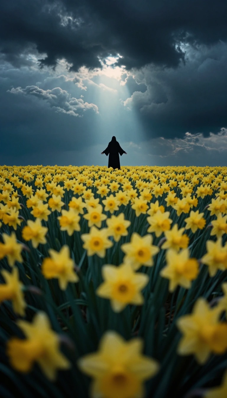 A deeply atmospheric, low-angle photograph, taken from a perspective within the dense undergrowth of a vibrant, vast field of yellow daffodils. The camera is positioned low, with individual daffodil blooms in the immediate foreground appearing in sof