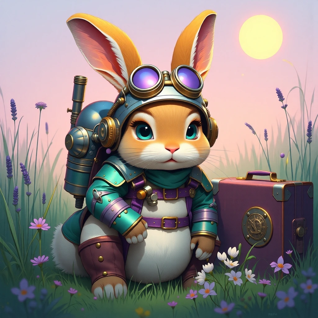 Masterpiece, ultra detailed digital painting of a cute fluffy anthropomorphic bunny rabbit with soft beige-white fur, large expressive dark eyes, pink nose and delicate whiskers. The bunny is sitting relaxed in a lush meadow, wearing an intricate ste