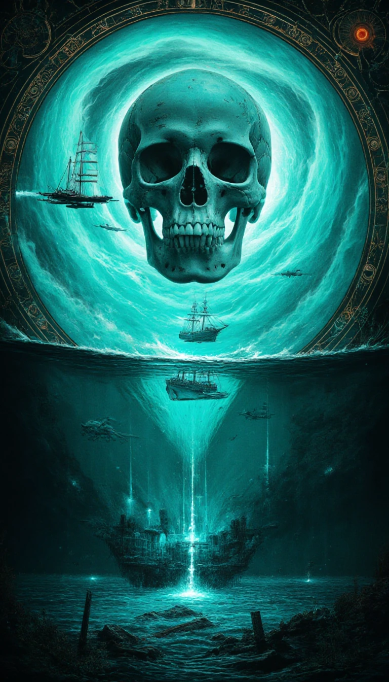 # Mystical Maritime Vision A colossal skull looms against swirling turquoise vortexes, containing an ethereal seascape within its hollow form. Translucent geometric pyramids emit pale light, framing vessels—sailboats and a cargo ship—caught in violen