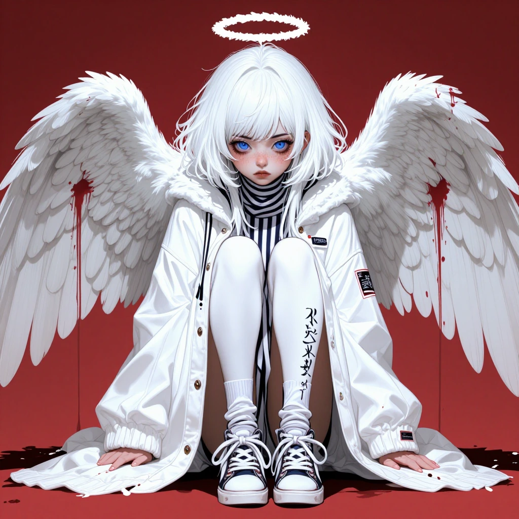 female, detailed eyes, dark eyebrow, cute face, freckles, ear piercing, short, small face, red background, blood on wings, 1girl, white hair, core, empty eyes, blue eyes, halo, oversize white coat, blood, white wings, white paint, sneakers, from belo