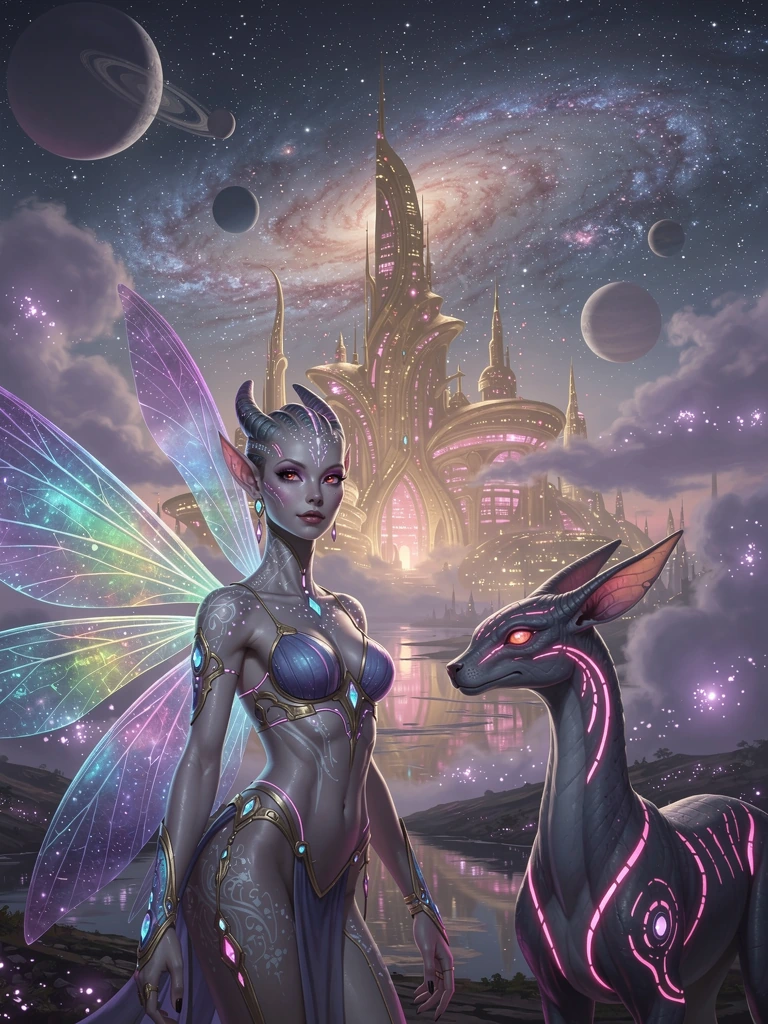 Beautiful alien landscape with a beautiful alien city. Gold, pink lights, close-up of an alien woman with beautiful iridescent wings. She is with an alien animal. We see a beautiful galaxy with stars and planets, two moons, clouds that sparkle with l